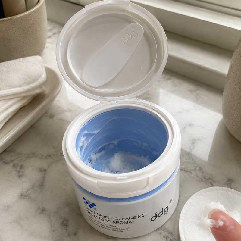 Authentic open ddg oat cleansing balm beside a cotton pad in soft window light