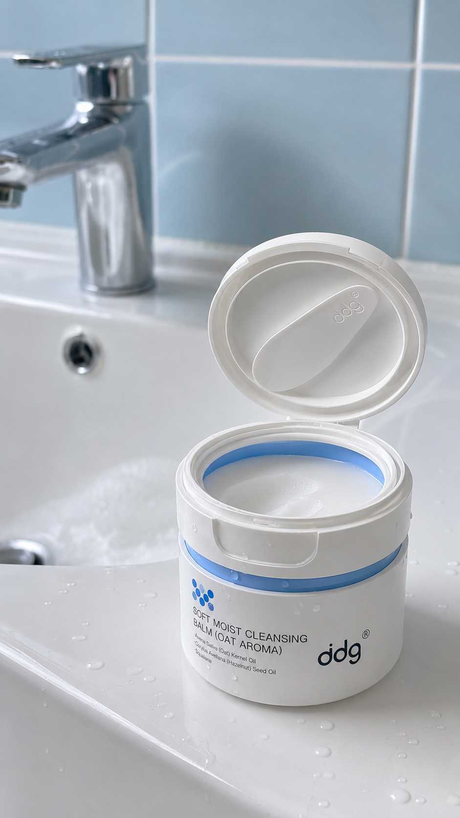 Authentic open ddg oat cleansing balm jar by a bathroom sink with the full product label visible