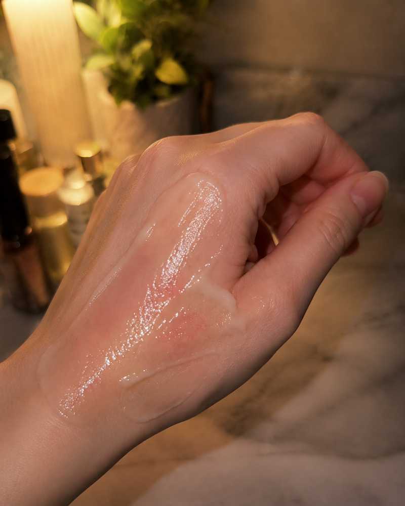 Real cleansing balm emulsification texture spread across the back of a hand