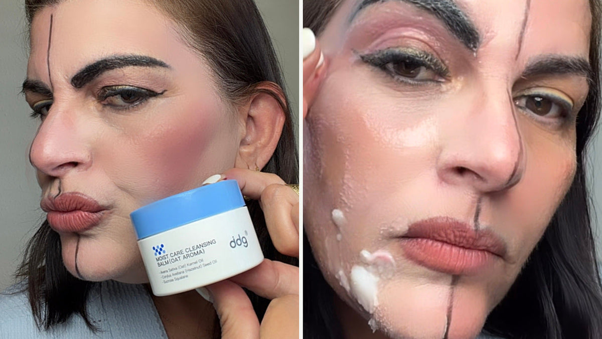 Close views of a creator wearing stage makeup and applying cleansing balm to the cheek.
