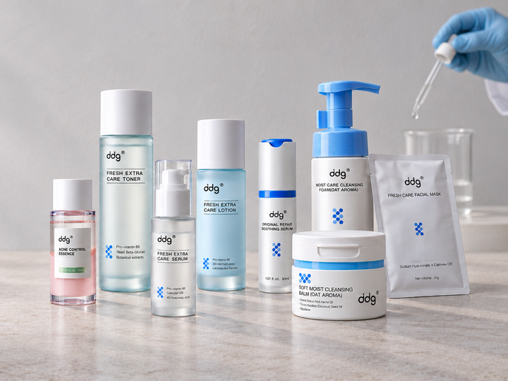 ddg skincare products with a glass dropper in a formulation-inspired scene.