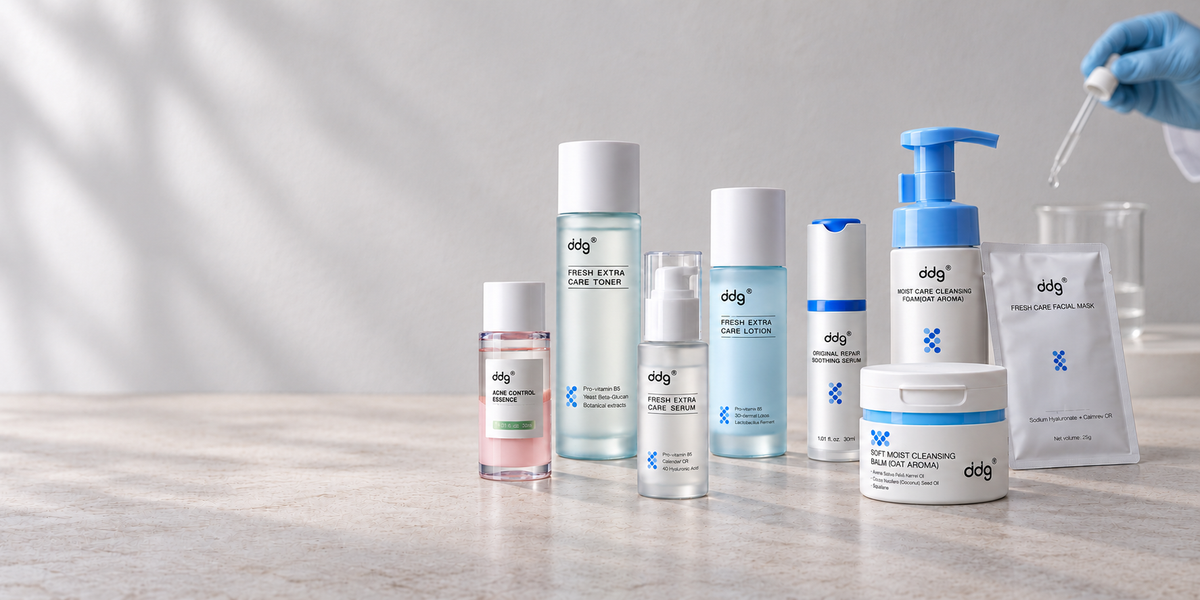 ddg skincare products with a glass dropper in a formulation-inspired scene.