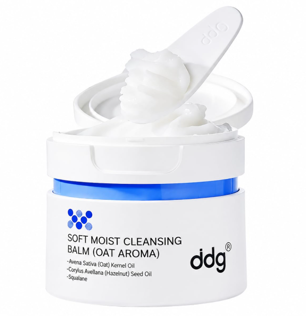 ddg cleansing balm open jar with spatula on a white background