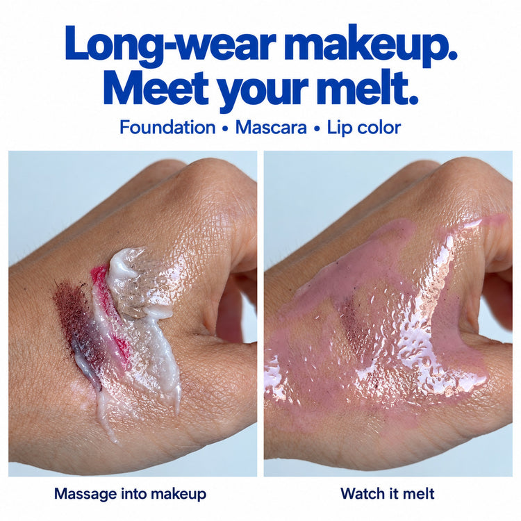 Long-wear makeup: massage balm into makeup and watch it melt, illustrated with creator hand photos