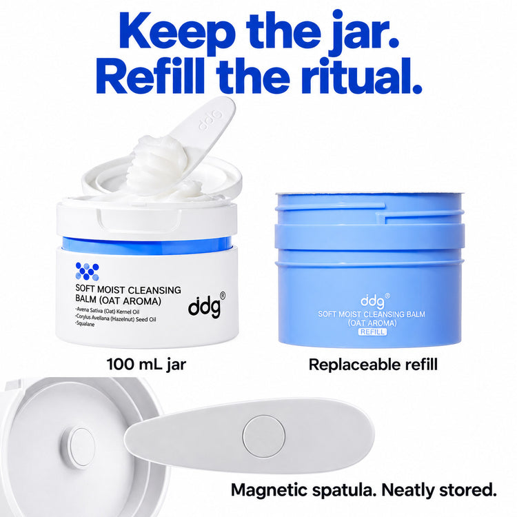 Keep the jar, refill the ritual: 100 mL jar, replaceable refill and magnetic spatula detail